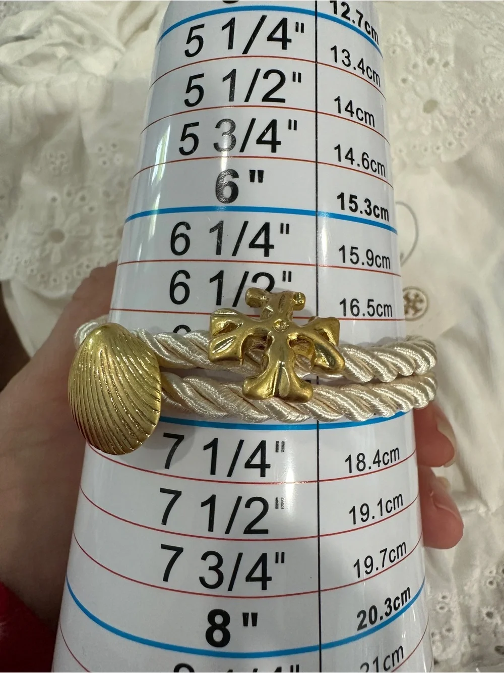 Tory Burch Cream Braided Rope Bracelet with Gold Shell and Logo Charms